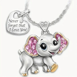 Cute Pink Rhinestone Crystal Silvertoned Cartoon Elephant Pendant Necklace